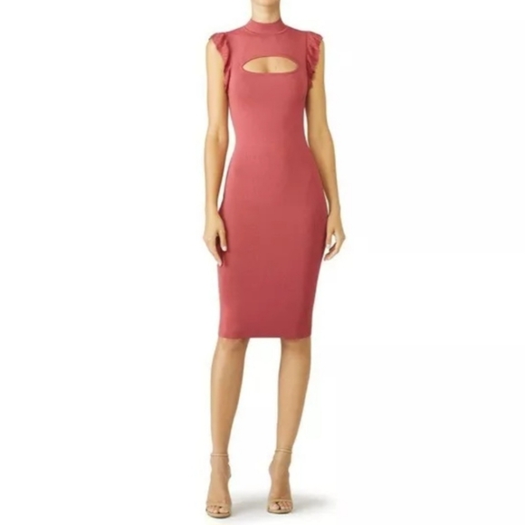 Bailey 44 Pink Bewitched Cutout Ruffle Rib Knit Bodycon Mock Sheath Dress Small - Picture 8 of 8